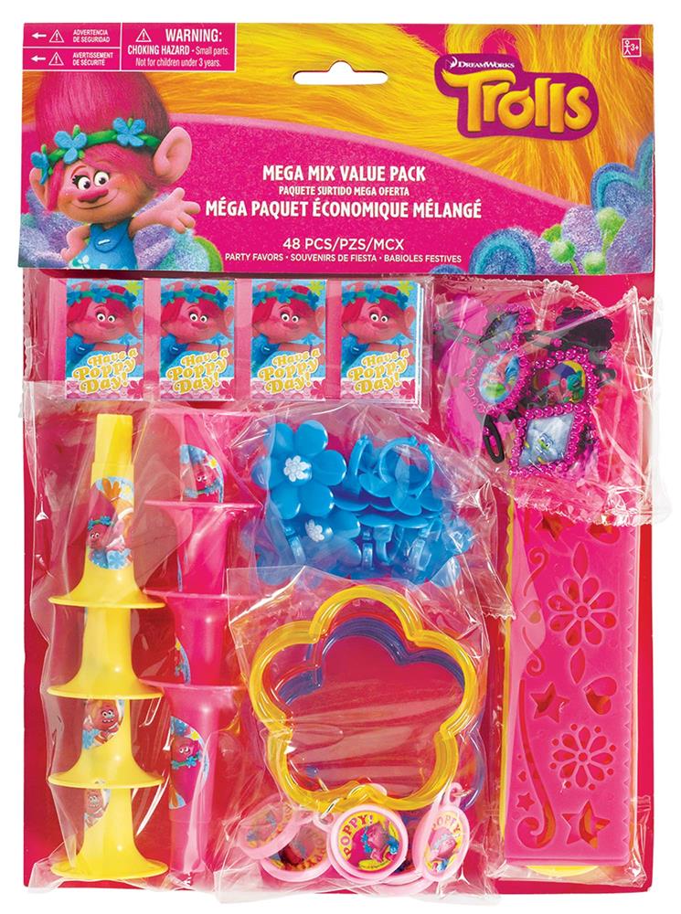 Trolls party favor set with whistles, bubble wands, and colorful toys in pink packaging.