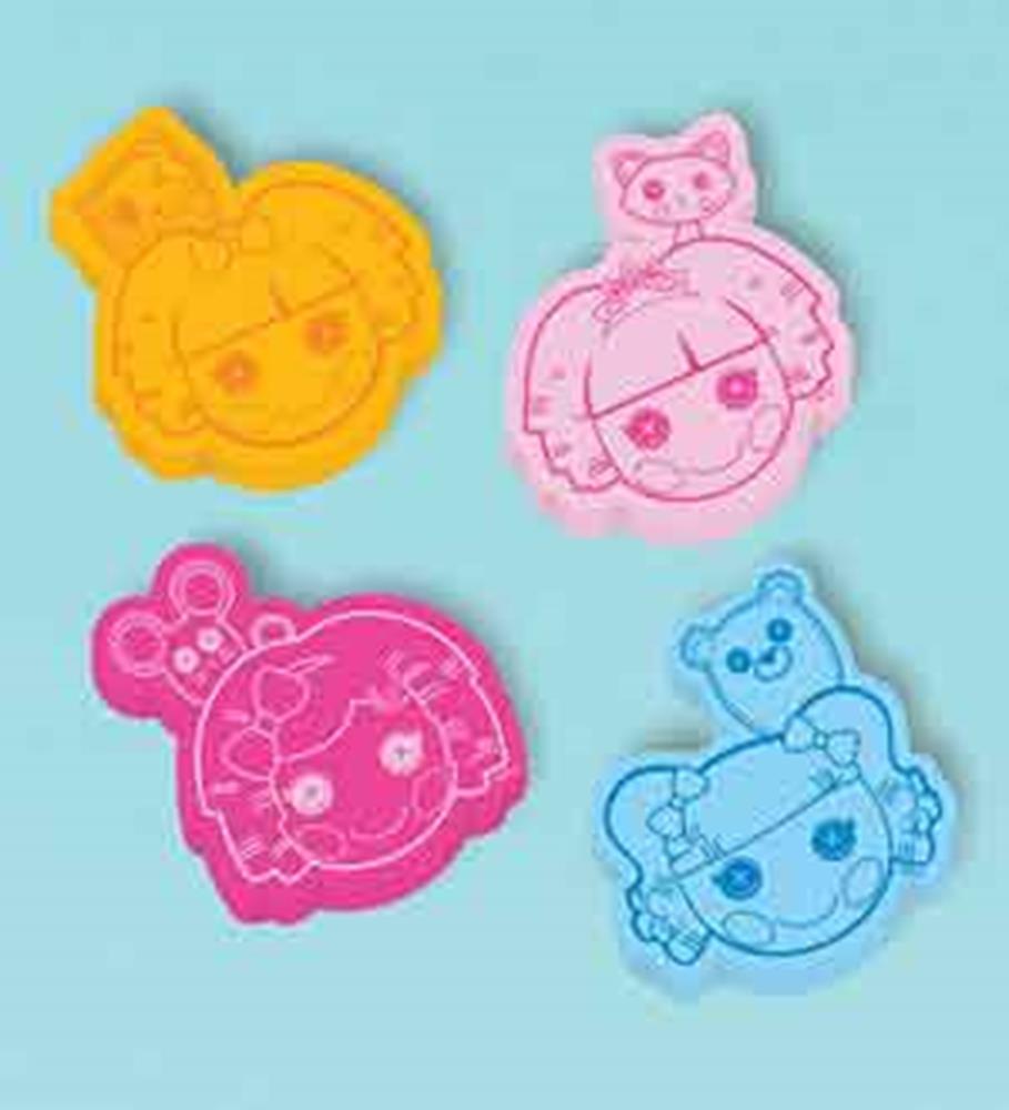 Colorful Lalaloopsy character-shaped erasers in orange, pink, dark pink, and blue designs.