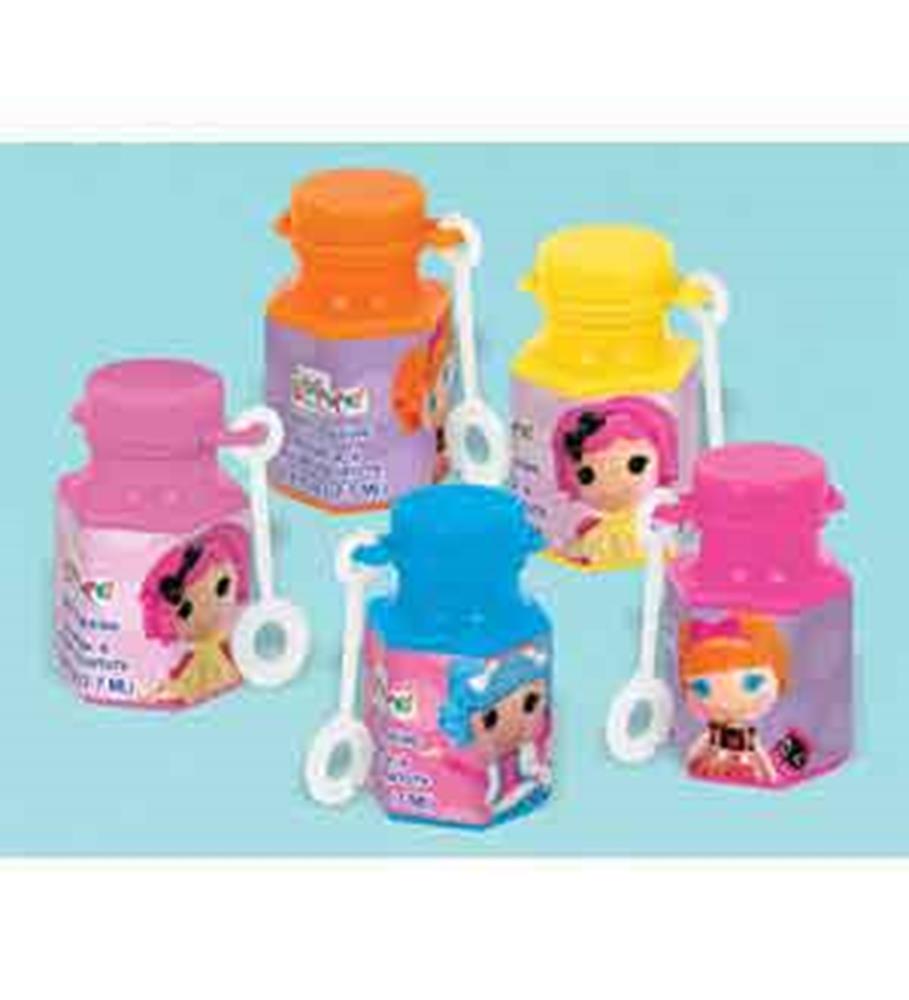 Colorful Lalaloopsy-themed mini bubble bottles in pink, orange, yellow, blue, and magenta with attached bubble wands and.
