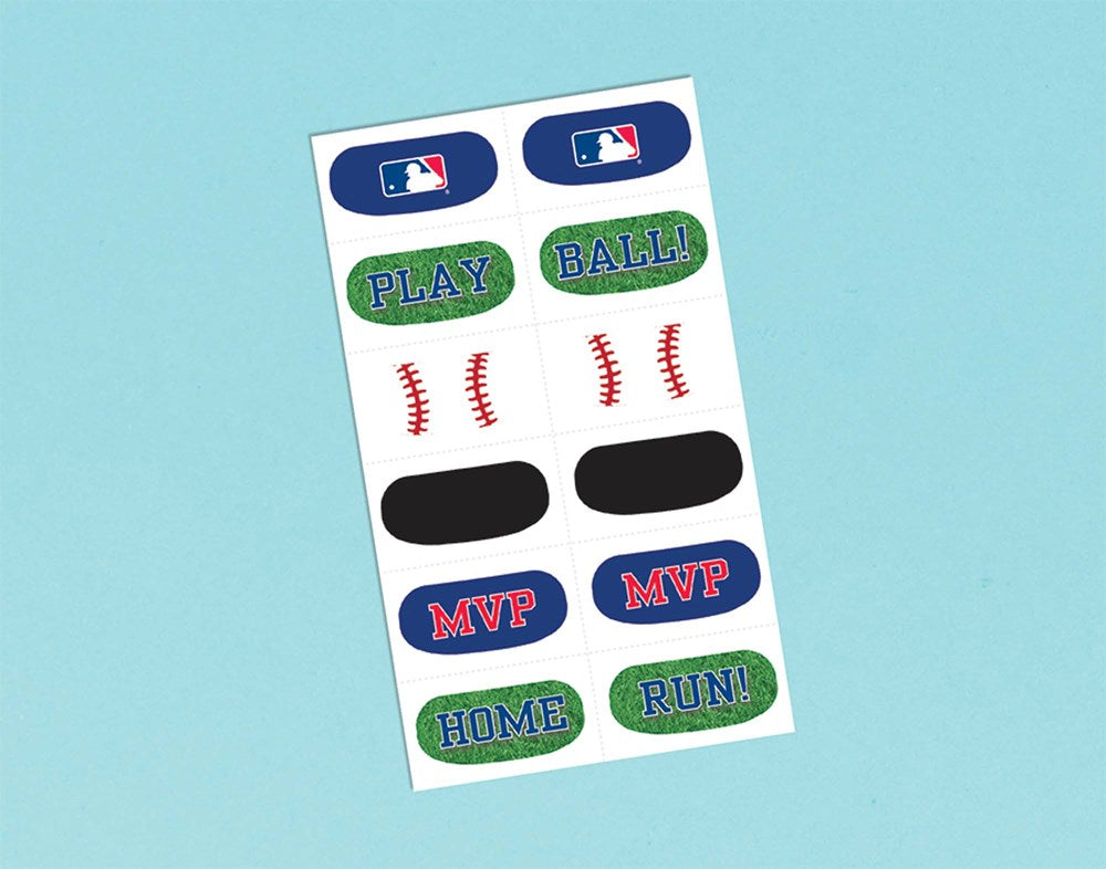 Sheet of MLB-themed adhesive face tattoos with logos, baseballs, and words like MVP and Home Run.