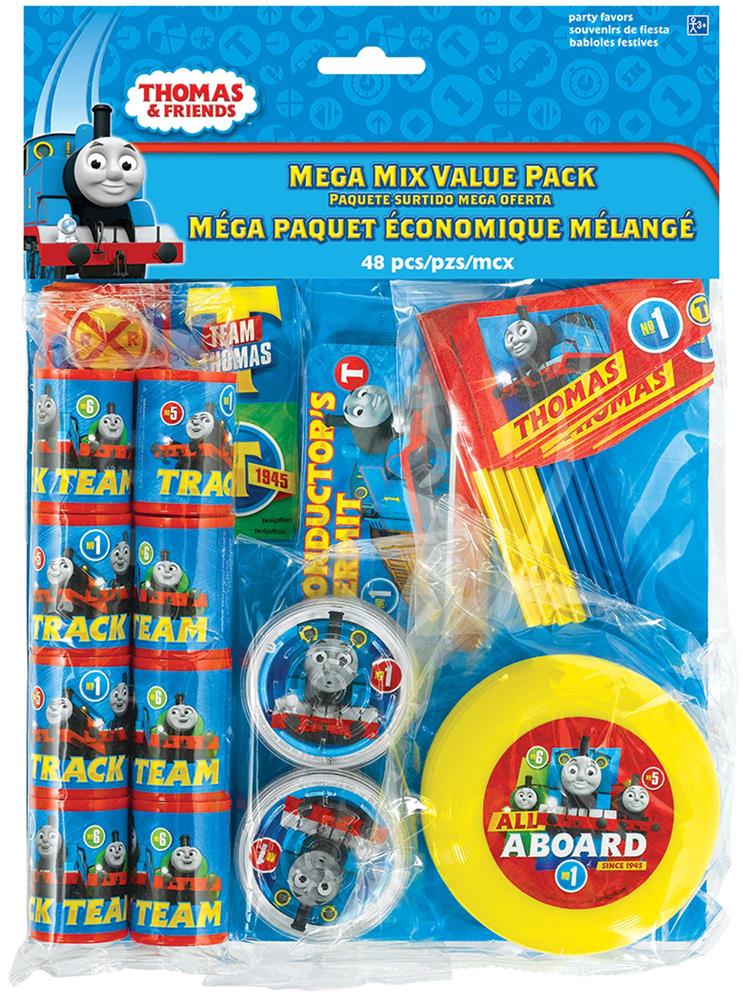 Thomas & Friends Mega Mix party pack with plates, cups, napkins, and straws featuring Thomas the Tank Engine designs.