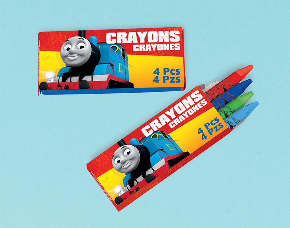 Two boxes of Thomas All Aboard crayons with Thomas the Tank Engine on red and yellow packaging, four crayons each in blue,.