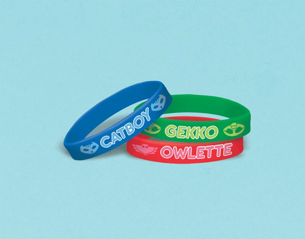 Set of three colorful rubber bracelets in blue, green, and red, each featuring PJ Masks character names and logos.