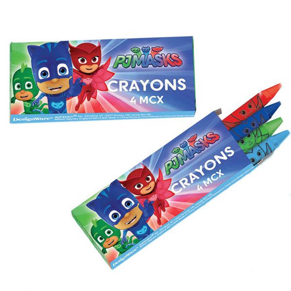 PJ Masks crayons set with four colorful crayons in red, blue, green, and dark blue, featuring character-themed packaging.
