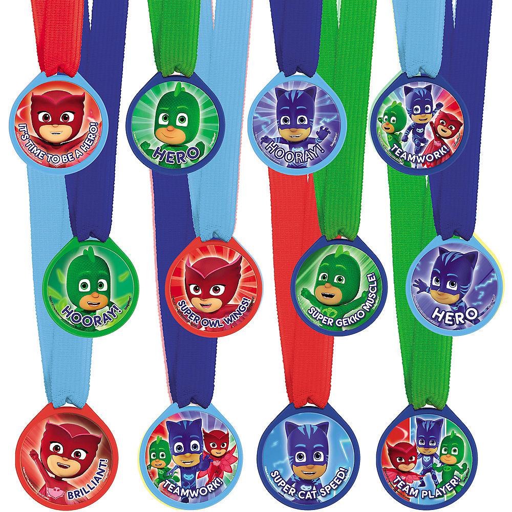 Twelve round PJ Masks mini medals with red, blue, and green ribbons featuring Catboy, Owlette, and Gekko cartoon characters.