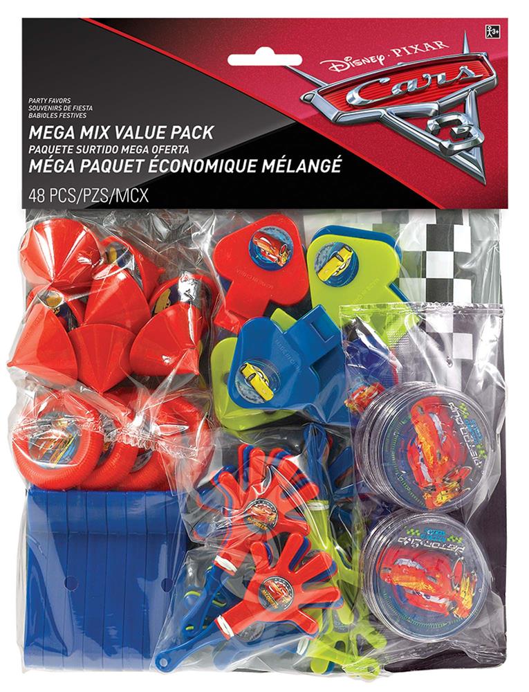 Disney Cars 3 party favor set with whistles, yo-yos, and rings in red, blue, and green colors.