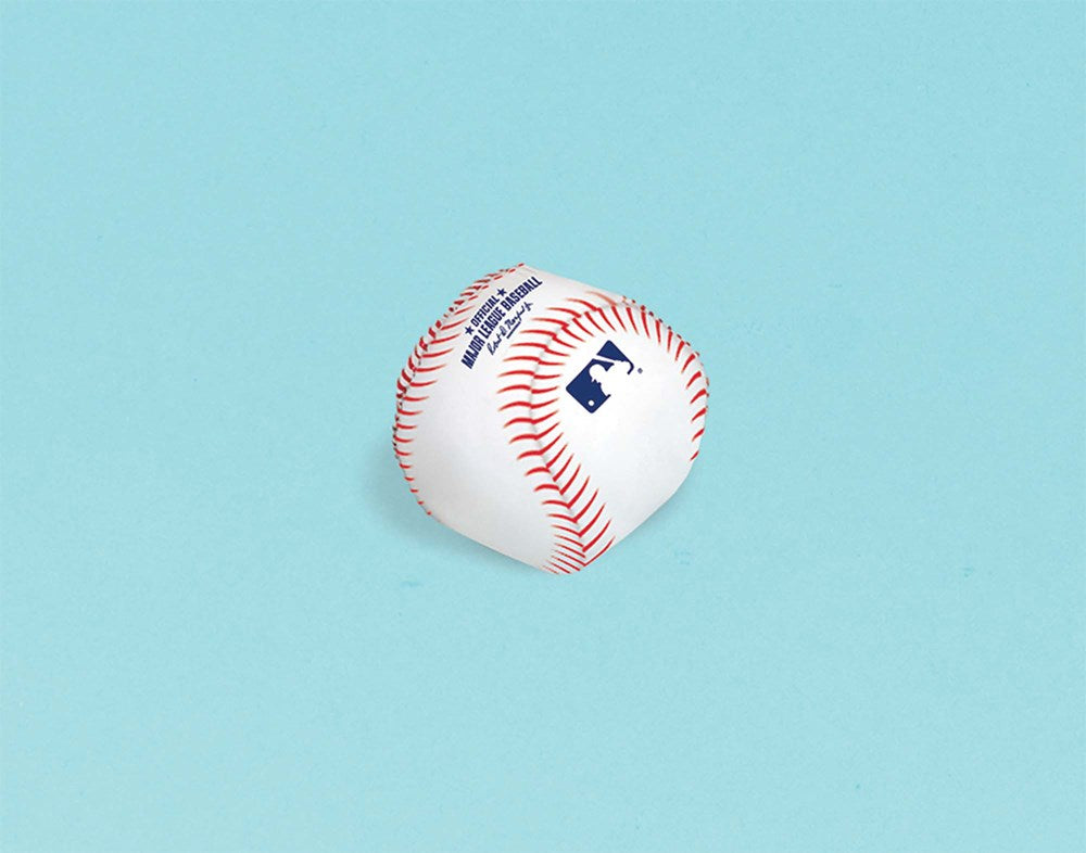 Small white plush baseball with red stitching and blue MLB logo on light blue background.
