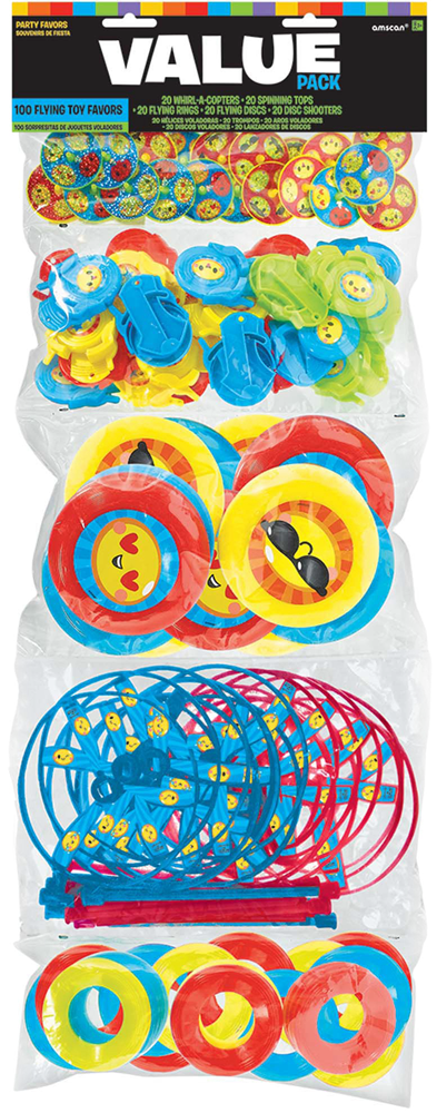 Colorful toy pack featuring blue and green frogs, red and yellow rings, and blue paddles with red handles in clear packaging.