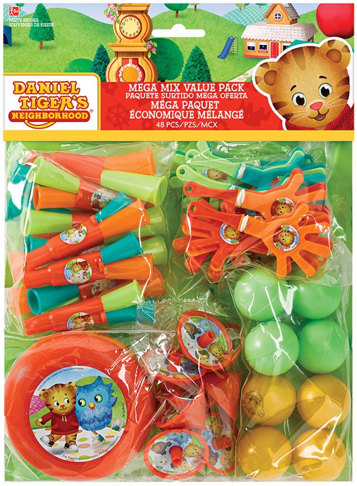 Daniel Tiger Neighborhood party kit with colorful blowouts, plates, cups, and balloons in orange, green, yellow, and teal.