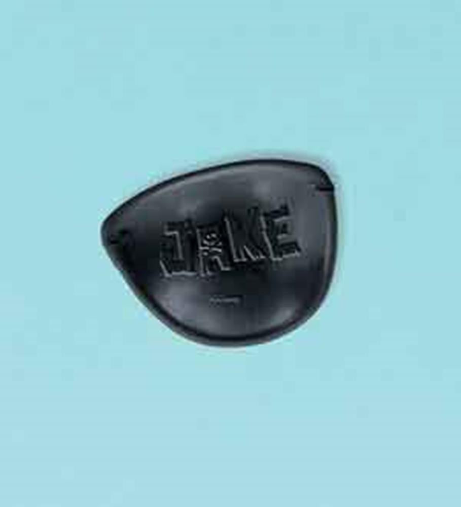 Black synthetic leather eye patch with "JAKE" embossed on front, shaped for one eye.