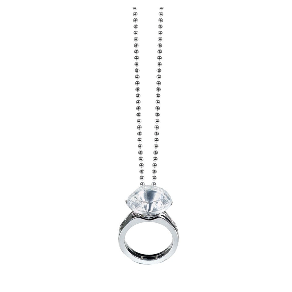 Silver-tone ring pendant with large clear faceted gem on delicate ball chain necklace.