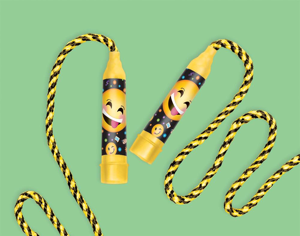 Yellow and black braided jump rope with yellow handles featuring smiling LOL emoji faces.