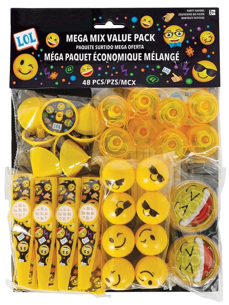 Yellow party favors featuring various emoji faces including winking, laughing, and heart eyes in a clear plastic pack with.