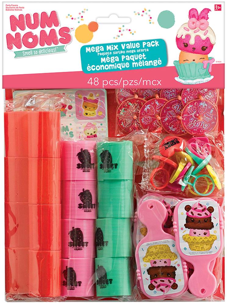 Num Noms Mega Mix 48ct with orange and green containers, pink cupcake-shaped toys, and colorful accessories in clear.