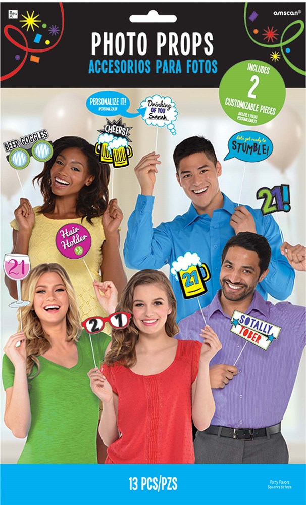 Colorful 21st birthday photo props set including glasses, signs, and speech bubbles with milestone and celebration themes.