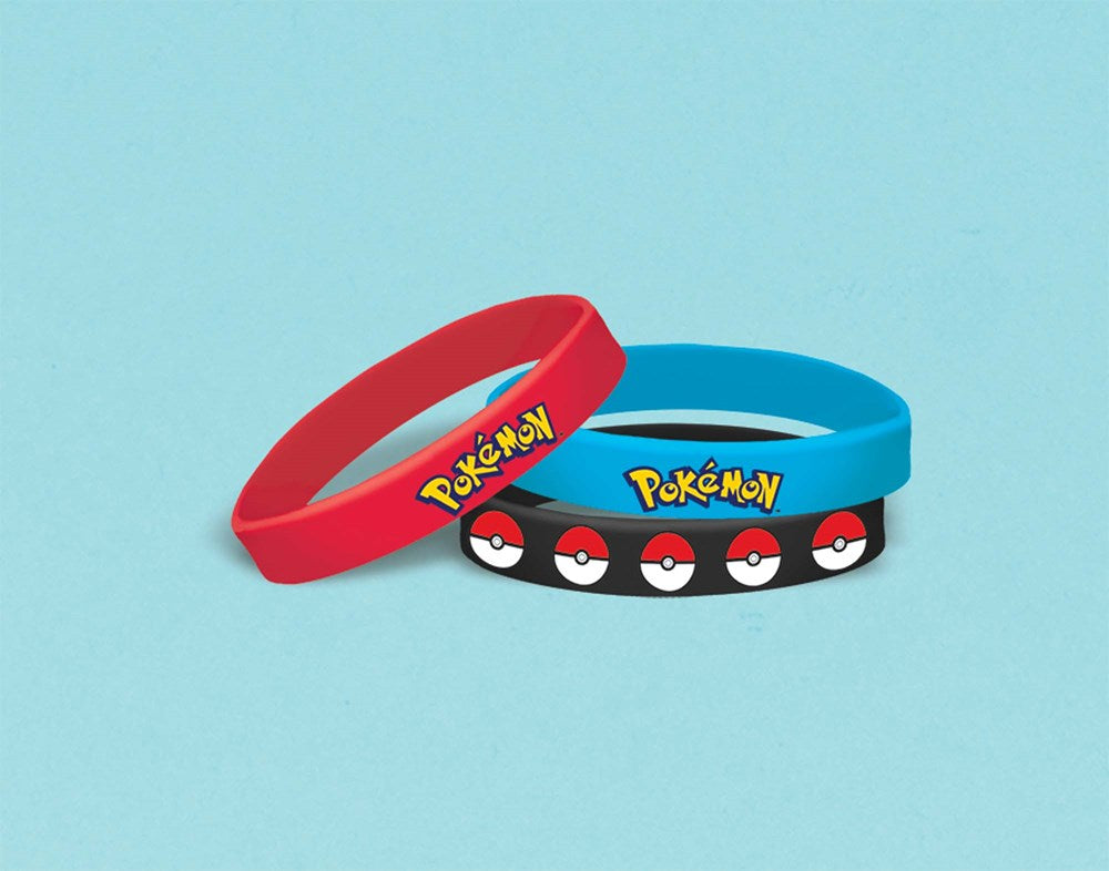 Set of three Pokemon rubber bracelets in red, blue, and black with Pokeball designs and Pokemon logo.