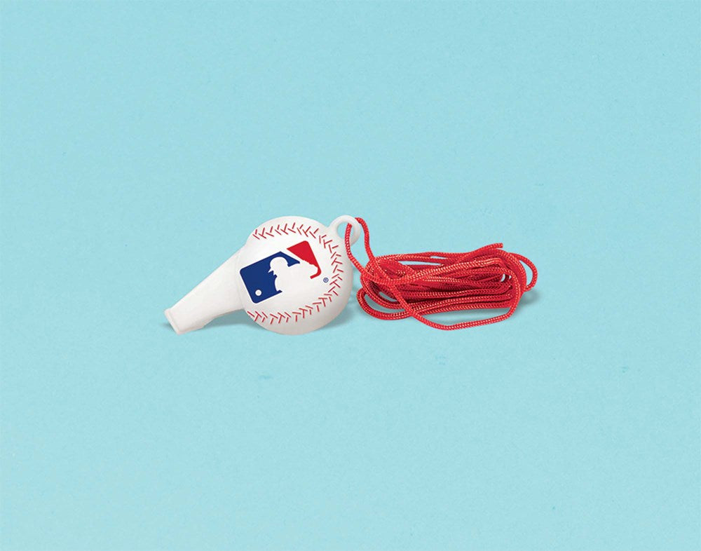 White plastic whistle shaped like a baseball with MLB logo and red cord attached.