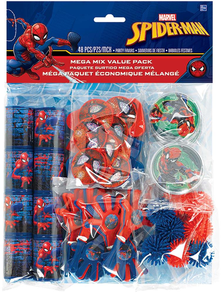 Spiderman Webbed Wonder party favor set with keychains, wristbands, stickers, and rings in red and blue packaging.