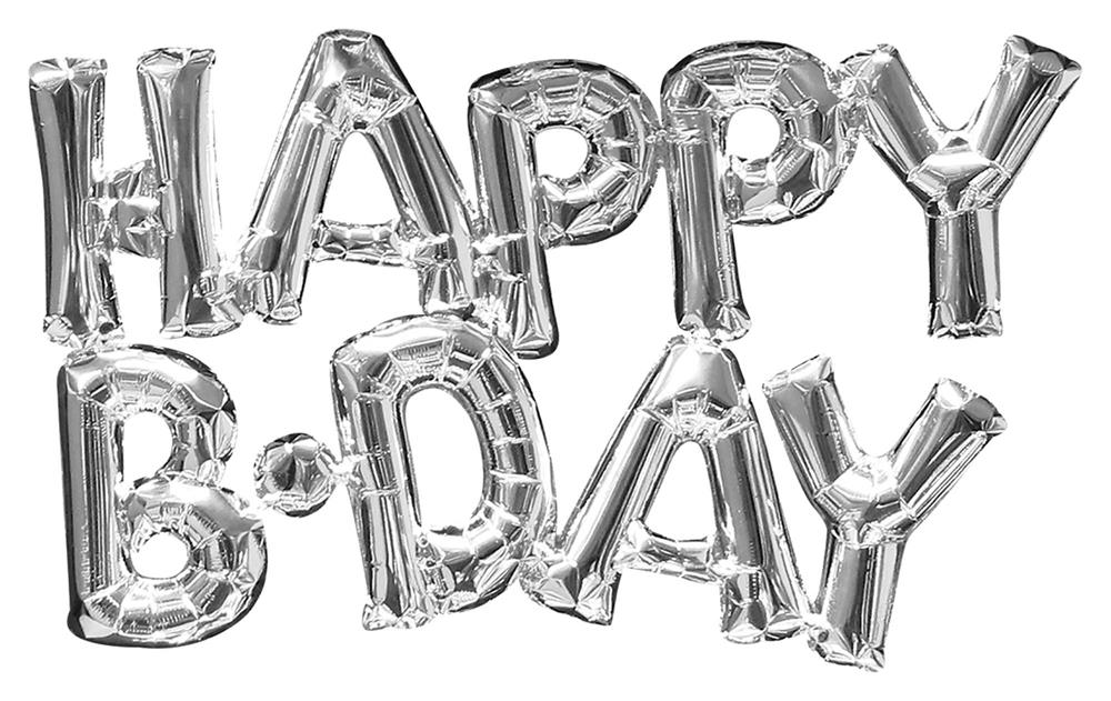 Silver foil balloons spelling out "HAPPY B-DAY" in large uppercase letters.