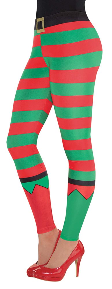 Green and red striped Christmas elf leggings with elf shoe details and a black belt print at the waist.