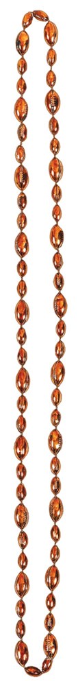 Brown and white football-shaped beads strung into a long necklace with alternating small round beads.
