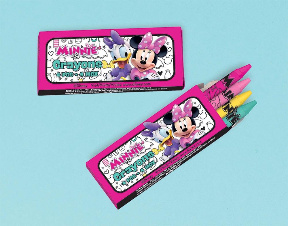 Set of 12 mini crayons in a rectangular pink box featuring Minnie Mouse and Daisy Duck illustrations.