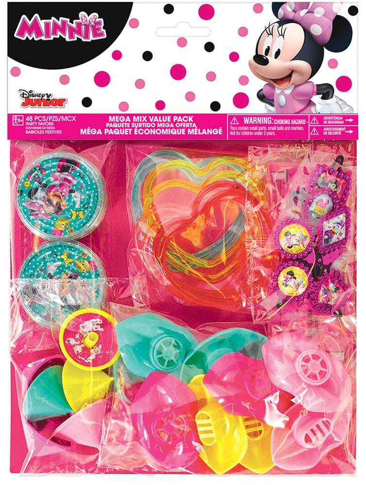 Minnie Mouse-themed party favor pack with colorful rings, bracelets, and stickers in pink, yellow, and teal colors.