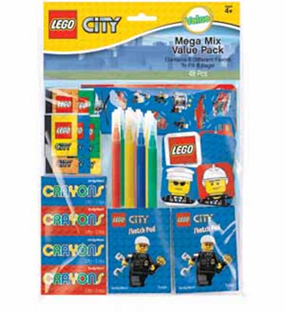 Lego City Favor Pack with crayons, pencils, stickers, and activity book in colorful packaging.