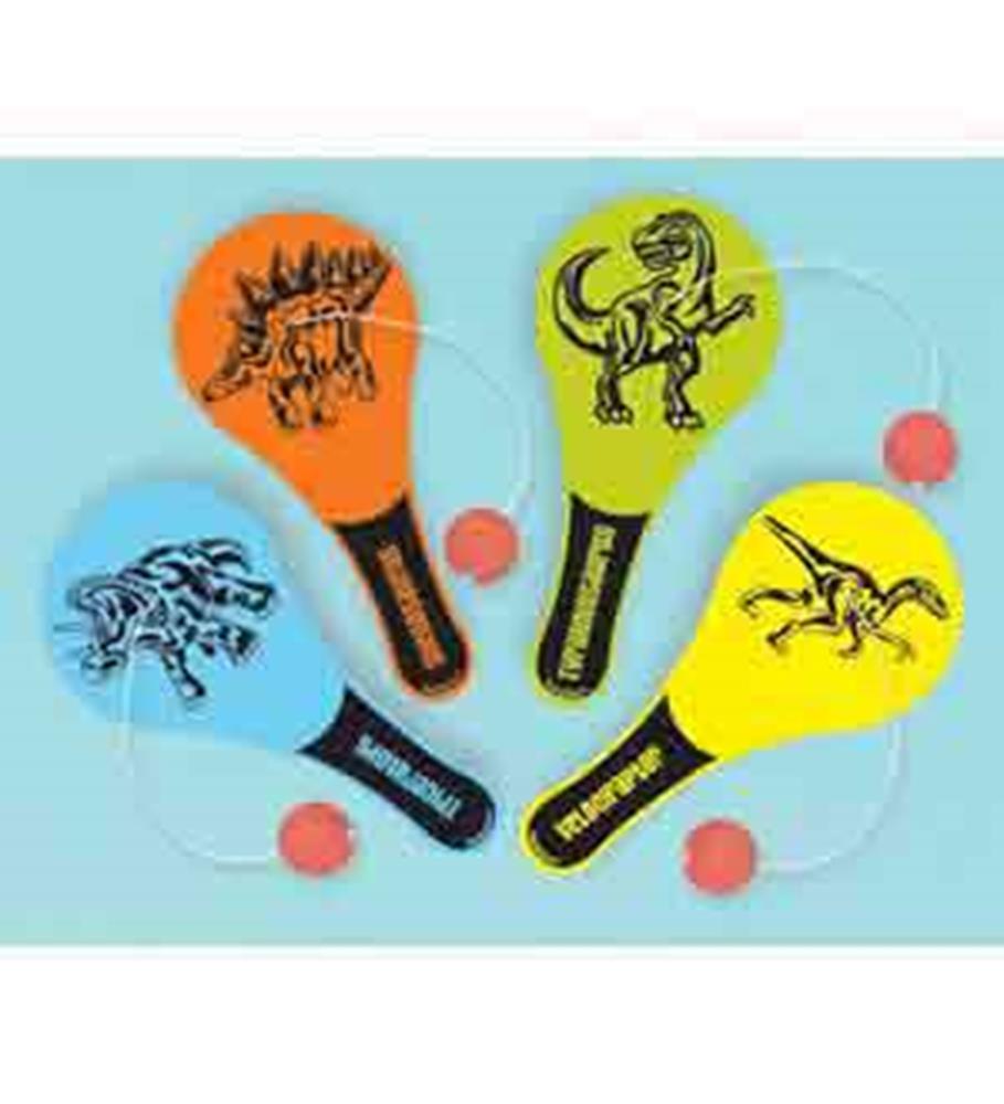 Colorful wooden paddle ball set with dinosaur illustrations and attached red balls.