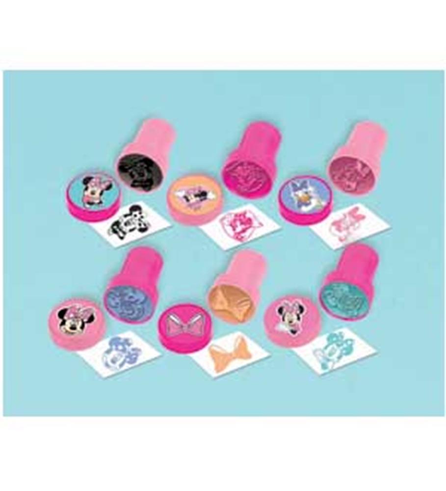Six pink and purple Minnie Mouse-themed stampers with matching stamped images on white cards.