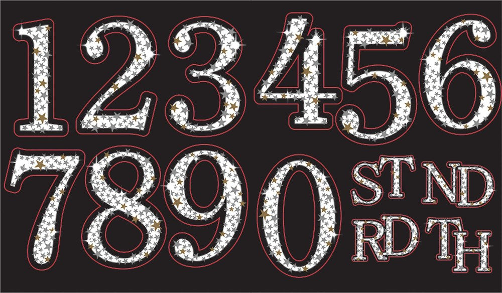 Set of glittery silver birthday number and letter buttons outlined in black on a dark background.