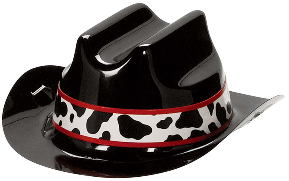 Black plastic mini cowboy hat with glossy finish and cow-print band accented by red trim.