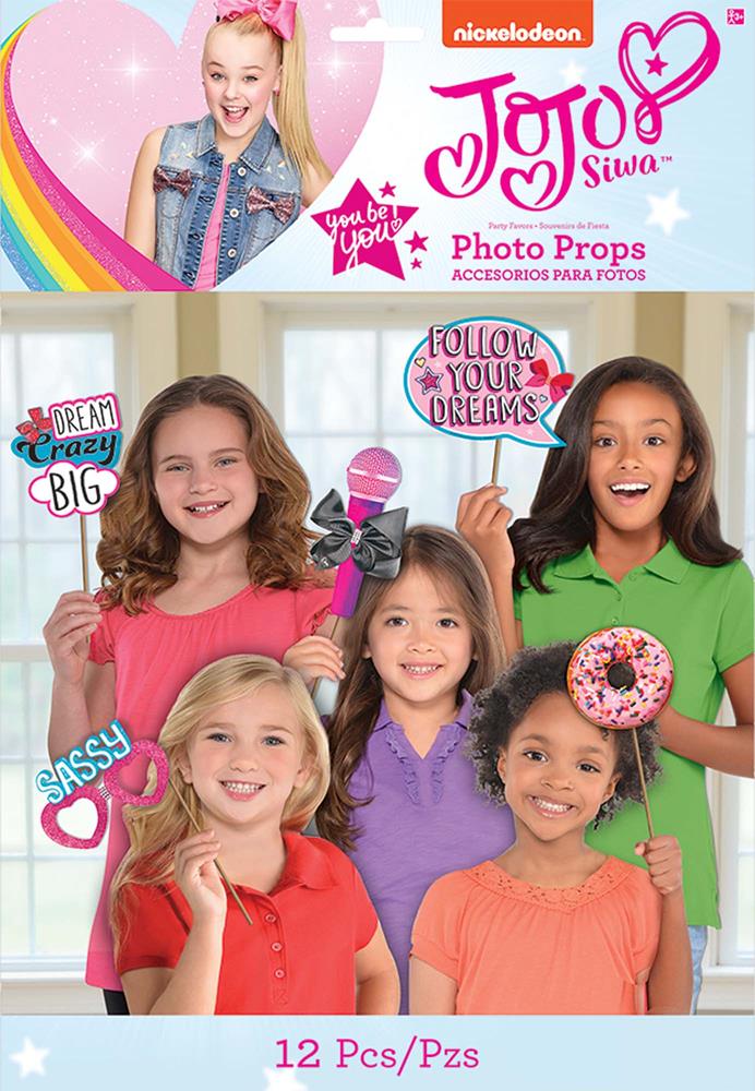 Colorful JoJo Siwa-themed photo prop kit with 12 vibrant, playful cutouts and signs for kids' birthdays.