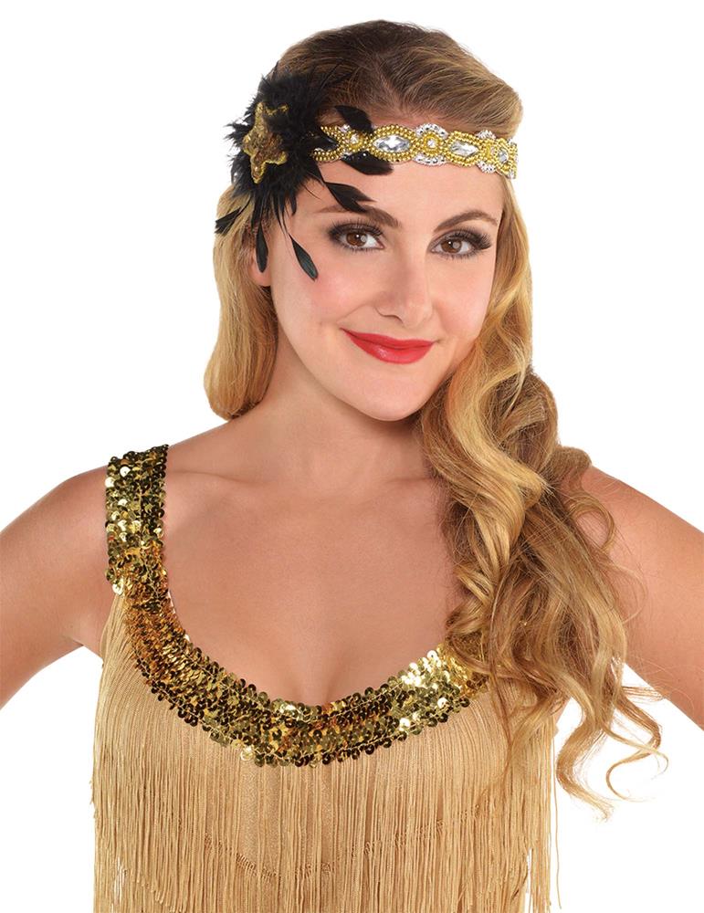 Gold sequin headband with intricate floral and leaf embellishments, worn with matching gold fringe dress.