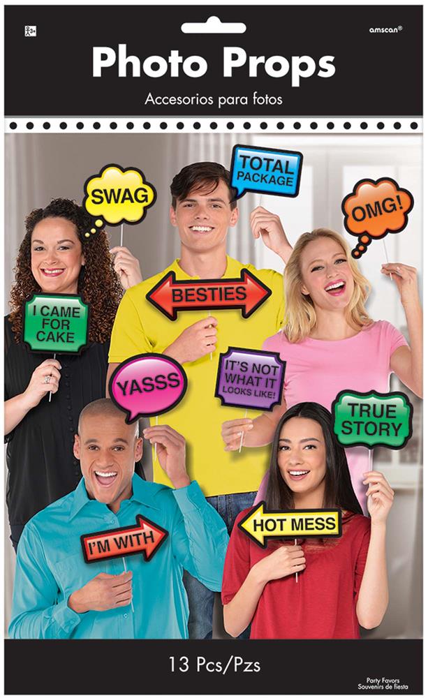 Set of 13 colorful photo booth props with fun phrases like "SWAG," "YASSS," and "OMG!" on sticks.
