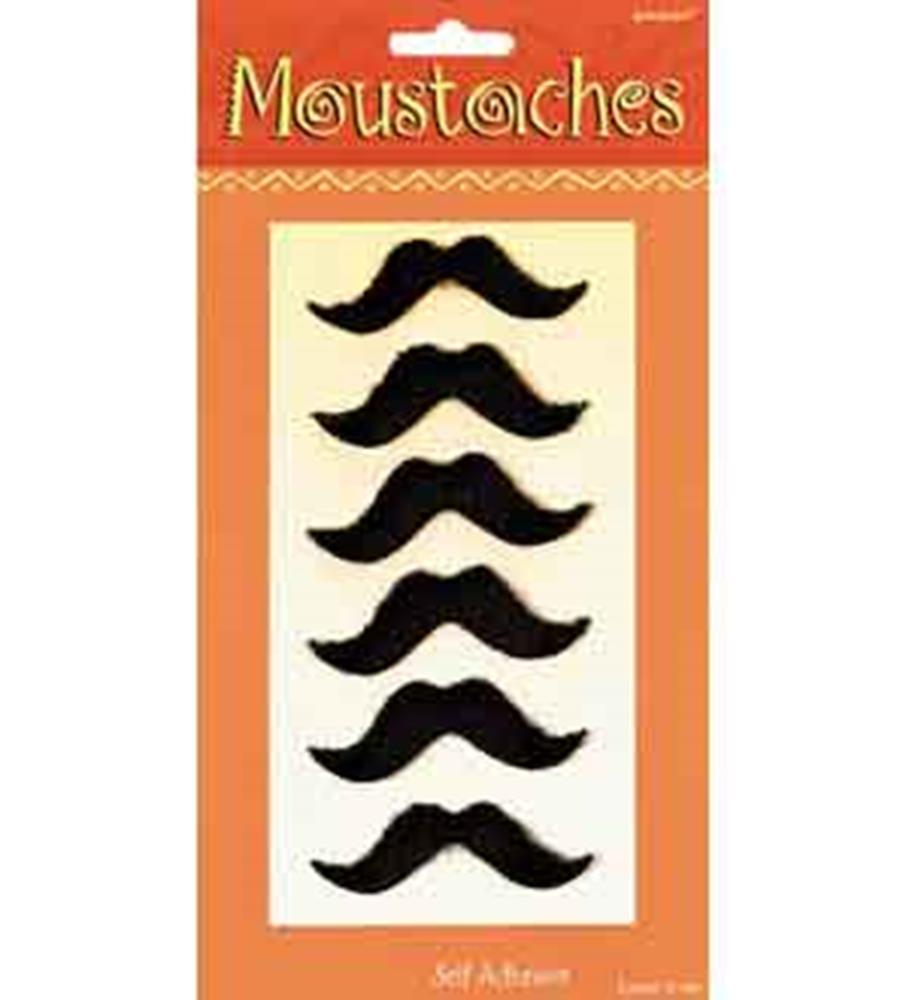 Set of five black self-adhesive fake moustaches in various classic styles on orange backing card.