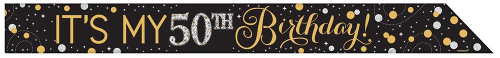 Black foil sash with gold and white polka dots and gold text "It's My 50th Birthday!".