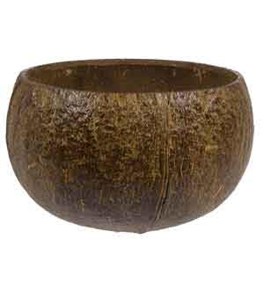 Round rustic brown coconut shell bowl with natural textured surface and open top.