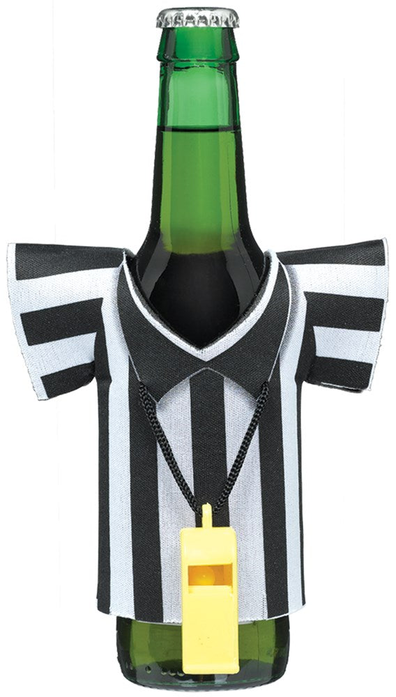 Black and white striped foam referee shirt with attached yellow plastic whistle around a green glass bottle.