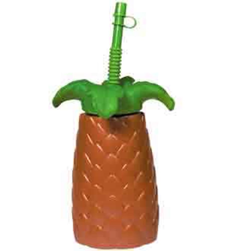 Brown textured plastic cup shaped like a pineapple with a green palm tree lid and attached green straw.
