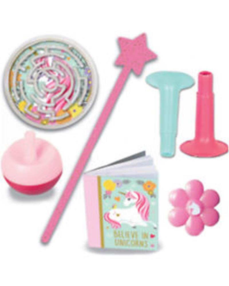 Pink star-topped magic wand, pastel maze toy, unicorn-themed mini book, and assorted pink and blue party favors.