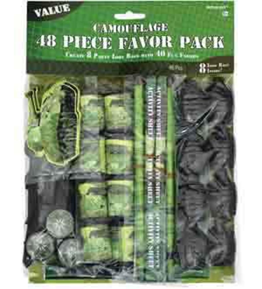Camouflage-themed party favor pack with bracelets, rings, pencils, and whistles in green and black tones.