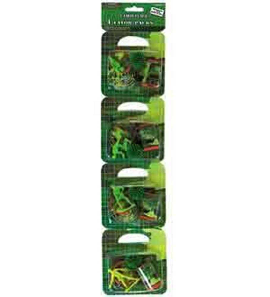 Four-pack of camouflage party favor bags, each containing assorted camo-themed party supplies with green, brown, and black.