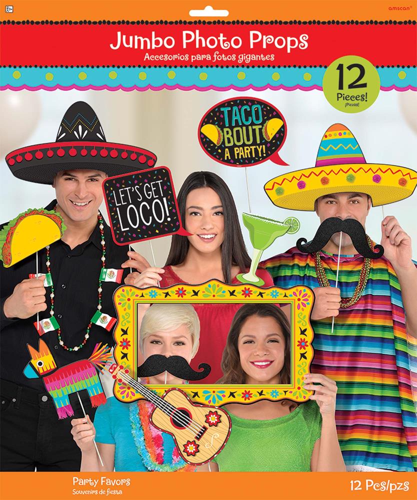 Colorful jumbo photo props set featuring sombreros, taco, maracas, mustache, piñata, and a decorated frame.