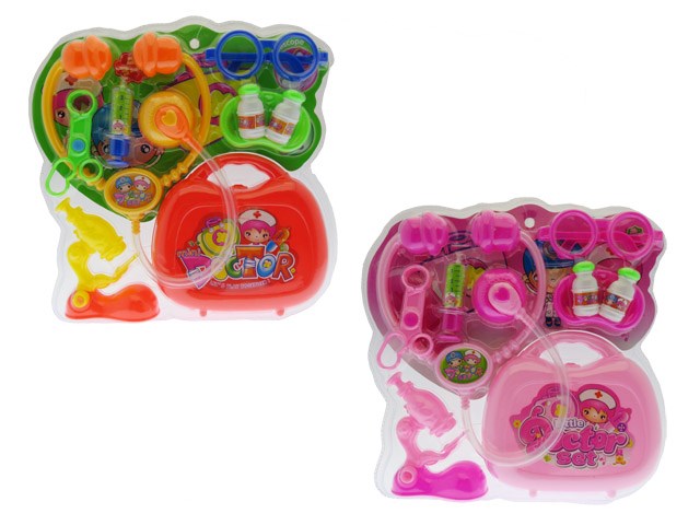 Two colorful doctor play sets with plastic medical tools, one in orange/green/blue and the other in pink/purple, each.