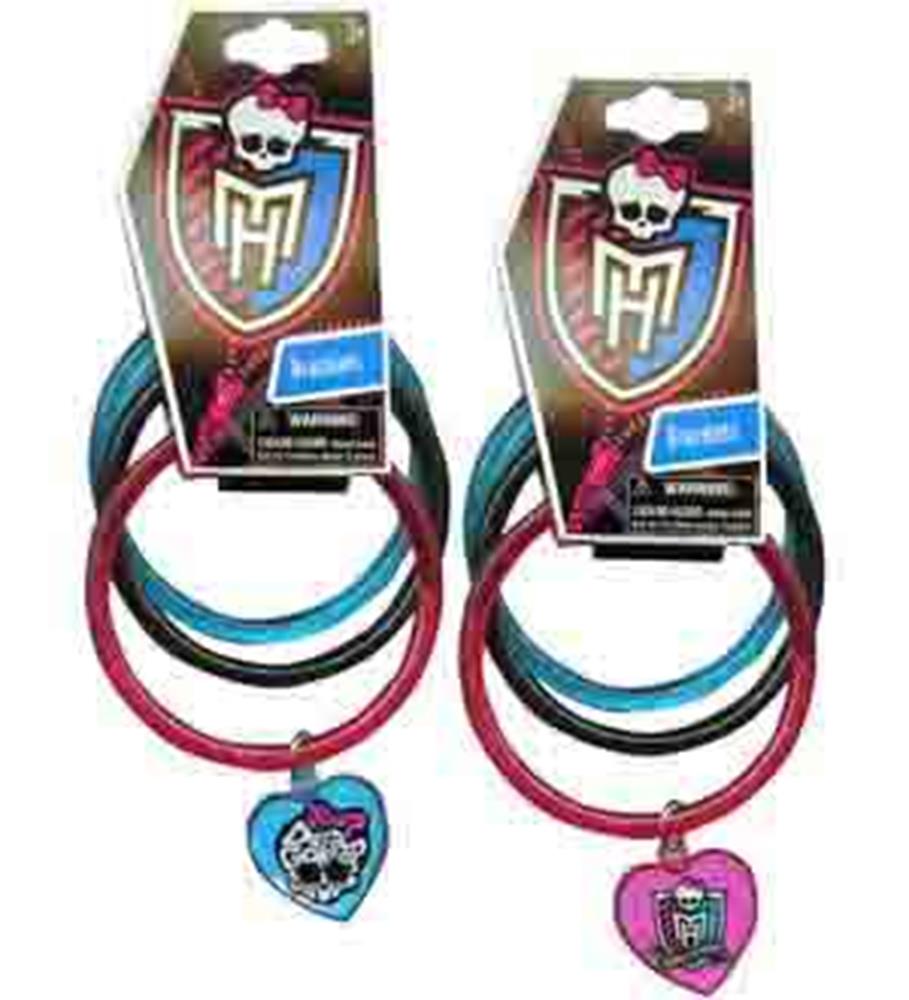 Set of colorful Monster High glitter bangles in pink, blue, and black with skull heart charms.