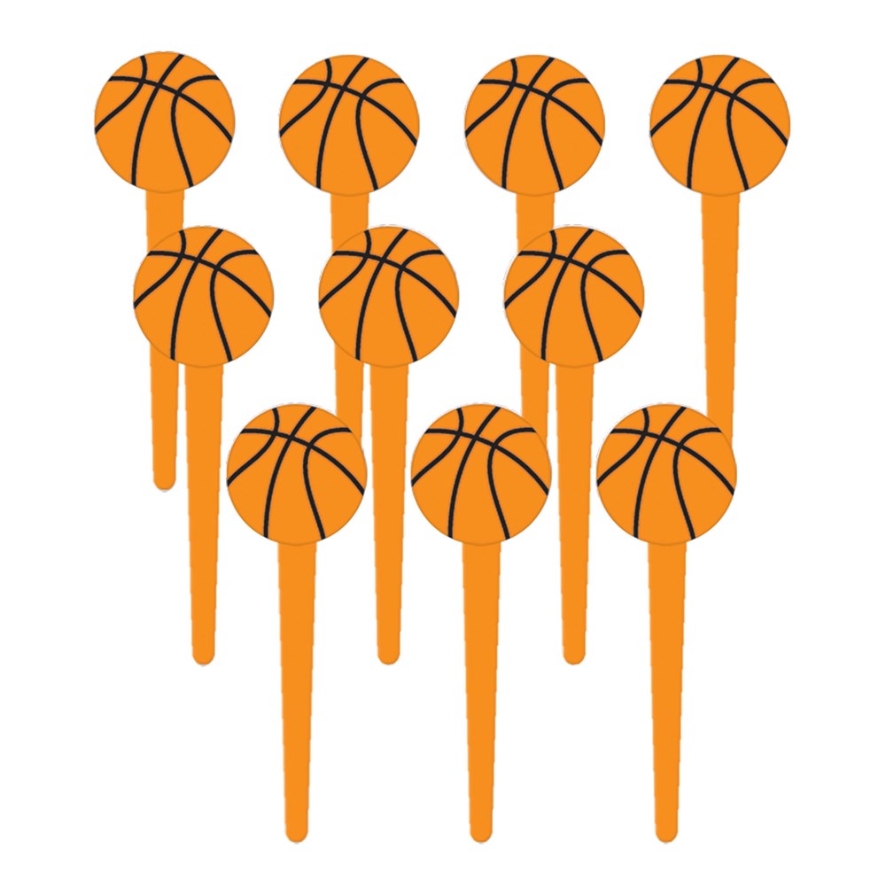Set of orange plastic basketball-shaped food picks with black lines, 36 count.