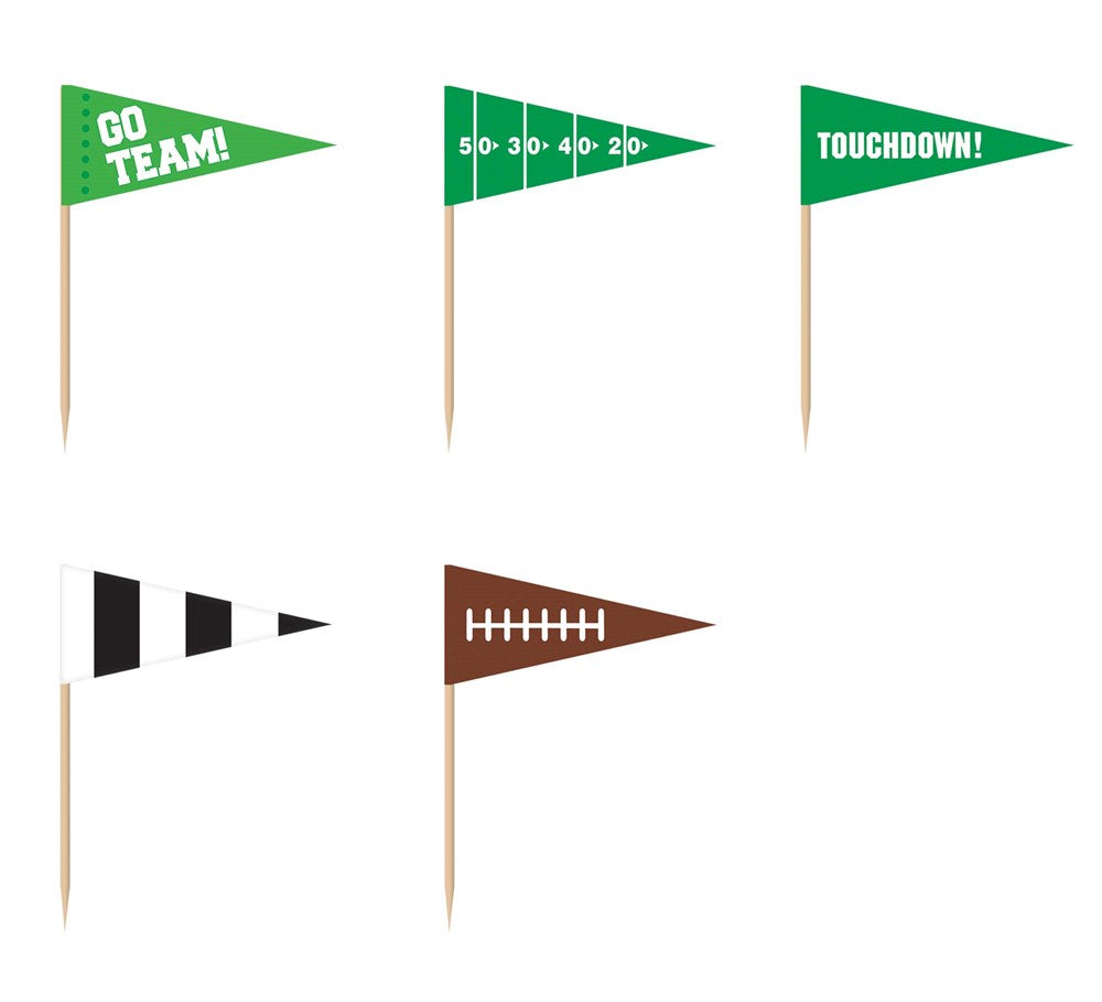 36 colorful football-themed flag picks with wooden sticks featuring green, brown, and black-and-white designs and phrases.