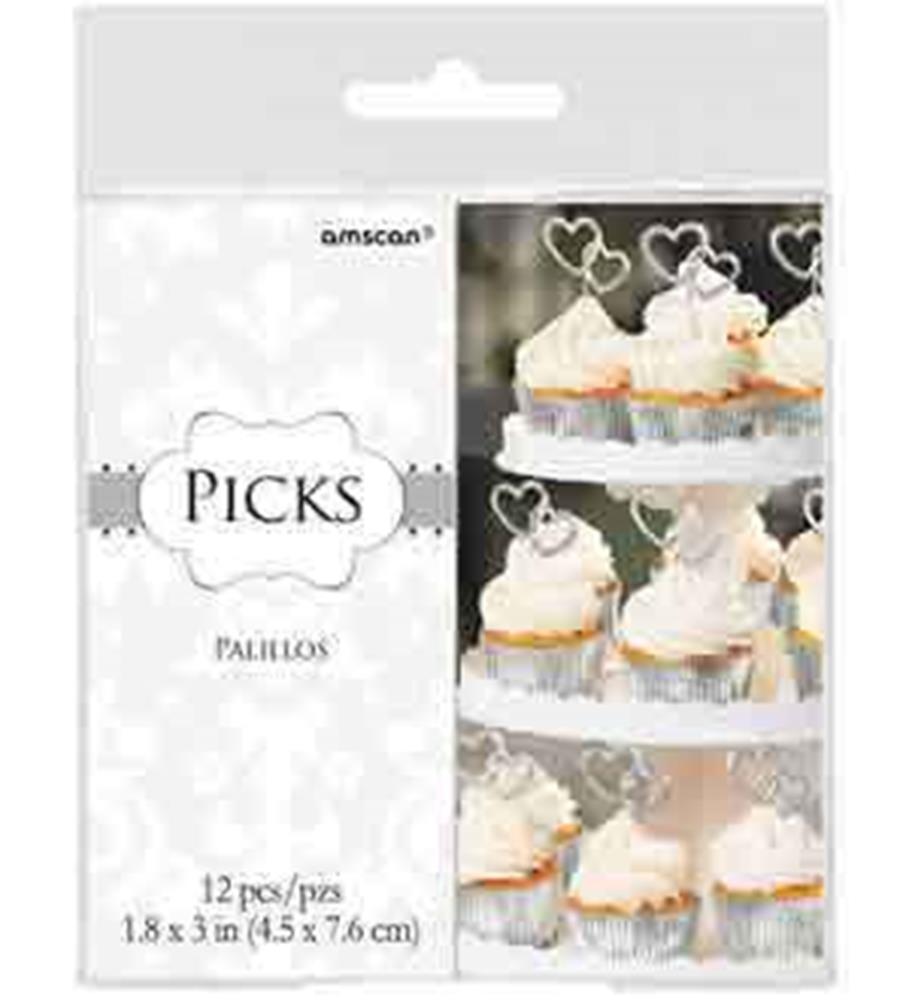 White plastic cupcake picks with intertwined heart-shaped tops, 12-pack in clear packaging.