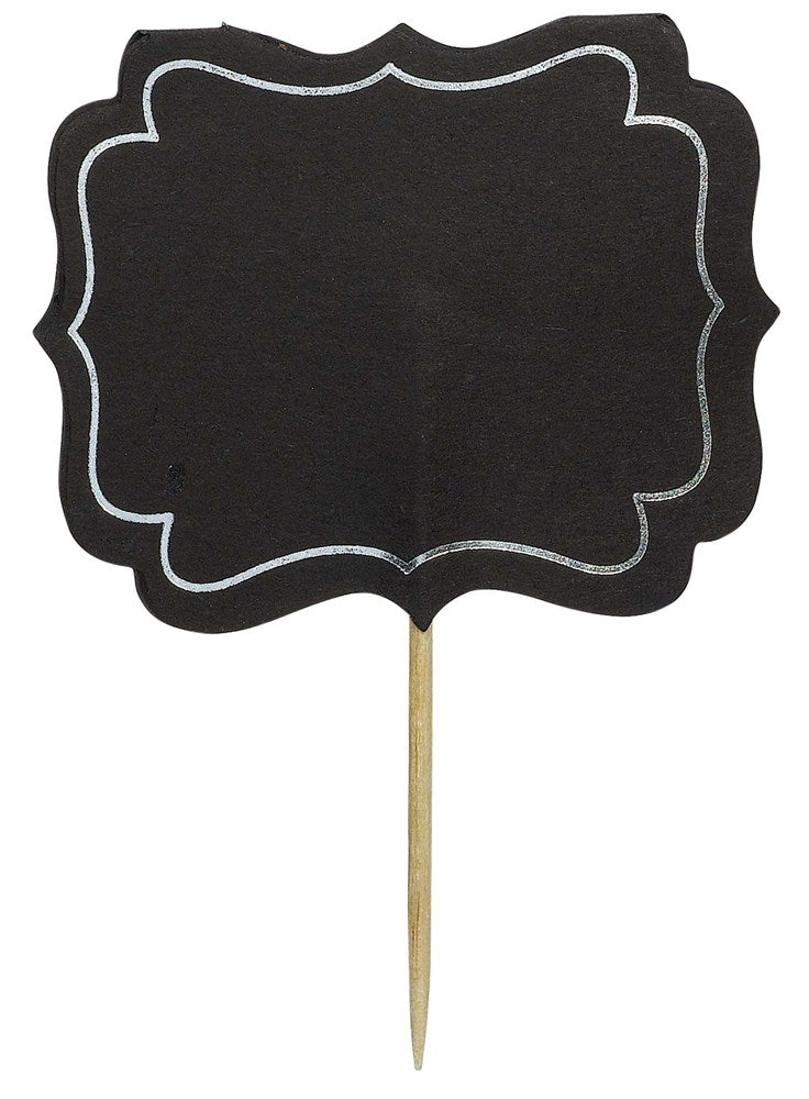 Black chalkboard pick with white decorative border and wooden stick handle.